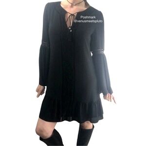 WHBM Whimsigoth Black Dress Sz S Lace Trim Bell Sleeve Witchy Boho Feminine